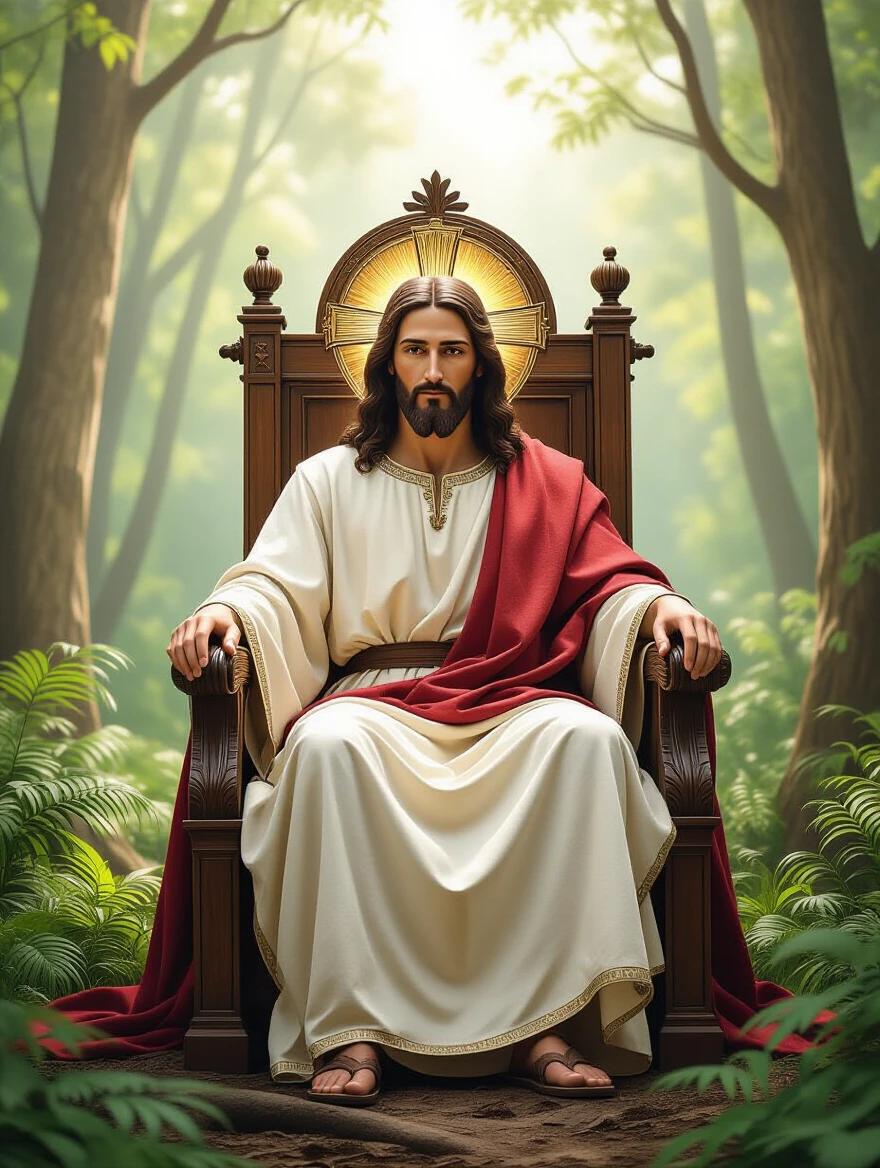 A highly realistic portrayal of Jesus sitting on a throne in a lush jungle. The scene captures a serene and majestic aura.