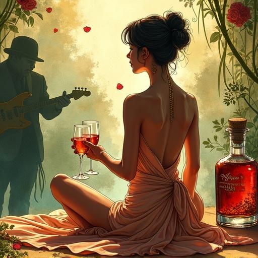 Stylized advertisement of a clandestine 1920s speakeasy. Silhouette of a modern topless Venus goddess toasting with glasses filled with reddish herbal liqueur. Surrounded by jazz musicians. Elegant atmosphere with rose petals and lush greenery. Apothecary-style spirit bottle in the foreground. Serenity and escape depicted with earthy tones and whimsical style.