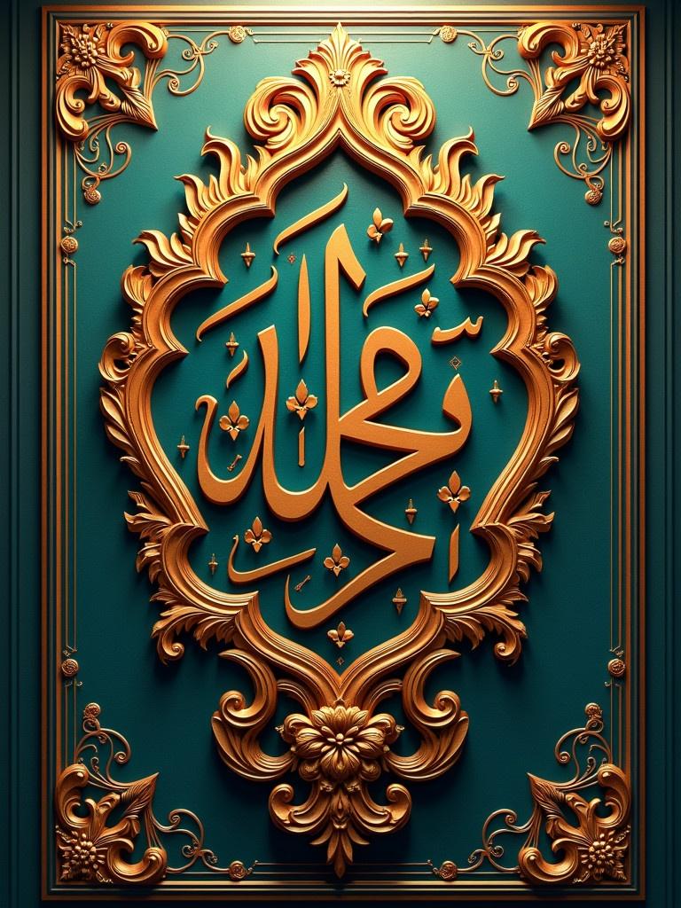 Ornate Islamic calligraphy displays 'الله عظيم'. Calligraphy features intricate designs and floral motifs. Rich teal and gold backdrop enhances the artwork. Traditional Islamic art style showcases detailed craftsmanship. Warm lighting emphasizes decorative elements.