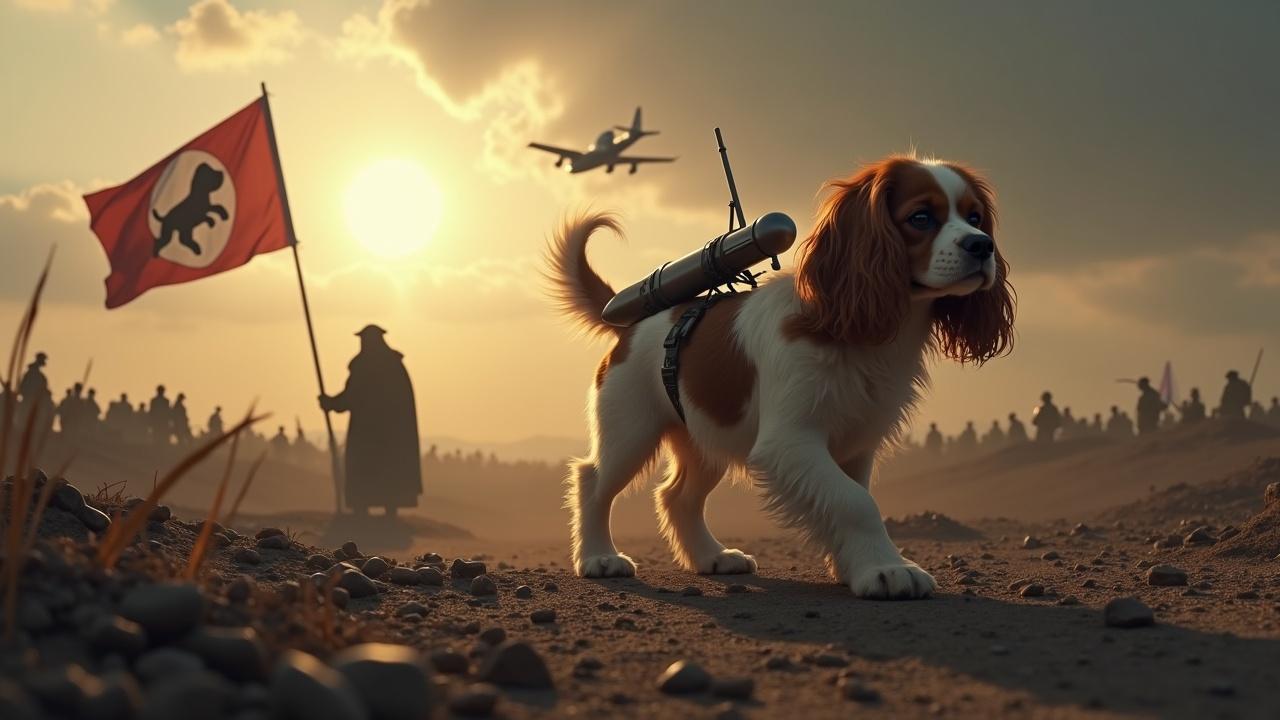 In a gloomy and dark setting, a fluffy brown and white cavalier king charles spaniel walks across a desolate battlefield. There is a missile strapped to its back. Nearby, a figure wearing a cloak stands valiantly holding a flag with a dog emblem. In the background are a multitude of small soldiers and tanks, barely visible among the shadows. The sky is lit by the bright radiance of the sun, while a jet fighter passes overhead.