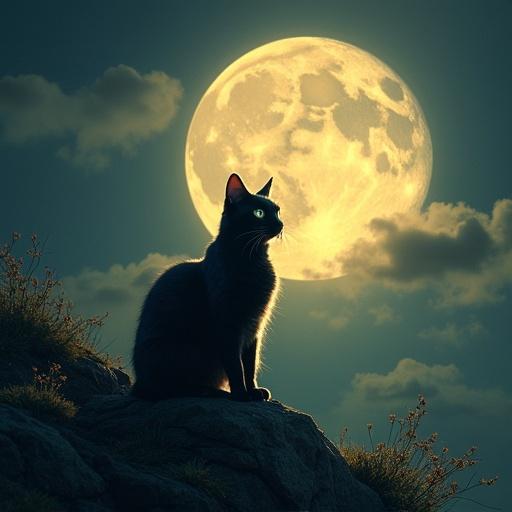 A black cat sitting on a rock under a large bright moon. The moon is luminescent, casting a glow on the cat. The scene captures a serene, mystical nighttime atmosphere.