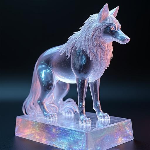 A wolf made of transparent iridescent crystal. The wolf has a sleek elegant form resembling a sculpture carved from gemstone. It looks otherworldly and luminous, reflecting light in many hues.