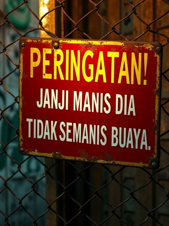 A weathered red rectangular sign with rounded corners is attached to a dark chain-link fence. The sign has bold golden yellow text at the top saying 'PERINGATAN!' Below, in clean white text, it reads 'JANJI MANIS DIA TIDAK SEMANIS BUAYA.' The background features a dark, textured wall with subtle graffiti elements and dim warm lighting. The atmosphere is cozy, slightly gritty, and nostalgic.