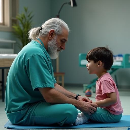 A male character dressed in medical scrubs assists a child learning to stand on a physiotherapy mat. The setting is a light green healthcare environment designed for children's rehabilitation.