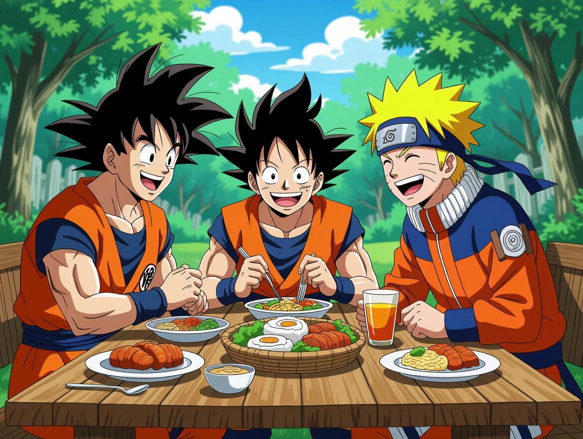 Anime characters enjoying a meal outdoors.
