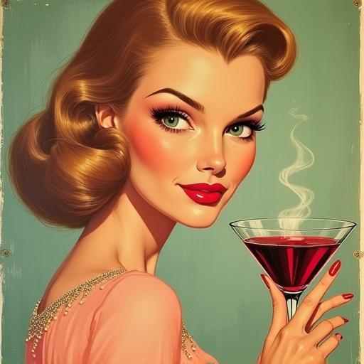 Retro illustration of an elegant woman sipping a martini. She has glamorous makeup and a stylish hairstyle. The background is a vintage pastel color. The overall feel is classic and chic.