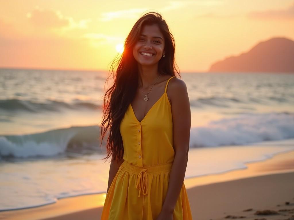 A woman stands on the beach during sunset, wearing a bright yellow dress that flows gently in the breeze. The sun sets in the background, casting golden hues across the sky and reflecting on the waves. She smiles warmly, embodying joy and relaxation. The sandy beach stretches out beside her, and the ocean creates soft waves that kiss the shore. This serene scene captures the essence of summer and carefree days by the sea.