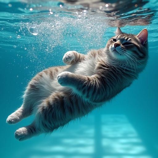 Hyper-realistic image showcasing a gray Maine Coon cat submerged in blue pool water floating on its back relaxed. Visible paws spread and light reflections on the wet fur. Bubbles ascend creating motion below half-closed eyes peaceful expression. Background blurred with soft shadows and light refractions.