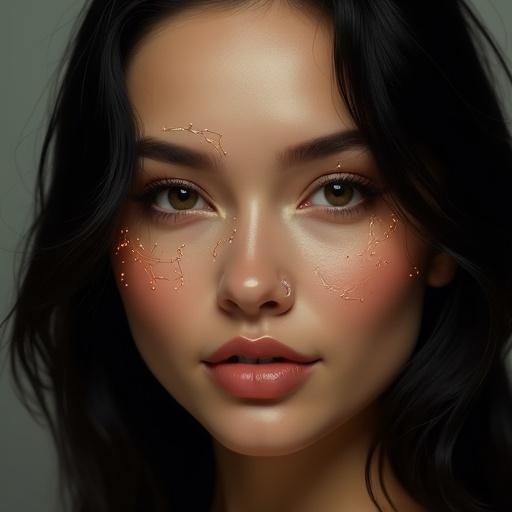 Close-up portrait features a mysterious smile resembling Mona Lisa. Elegant delicate lips with smooth contours. Porcelain-like skin free from blemishes. Eyes are large and intelligent, with soft reflections. Well-shaped arched eyebrows frame an oval face. Glossy black hair with gentle waves. Subtle glowing circuit patterns on forehead and cheeks. Blend of modern beauty with classical art style.