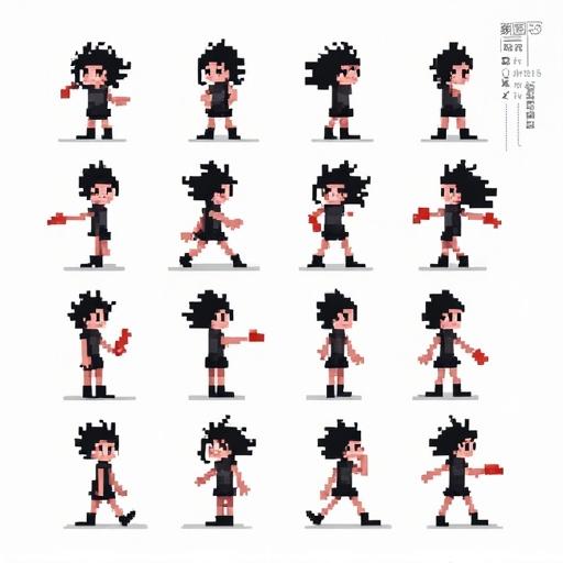 Pixel art character sprite sheet featuring frames for 2D game animation. Character shows idle, walking, jumping, and attacking actions. Design inspired by Siouxsie Sioux.