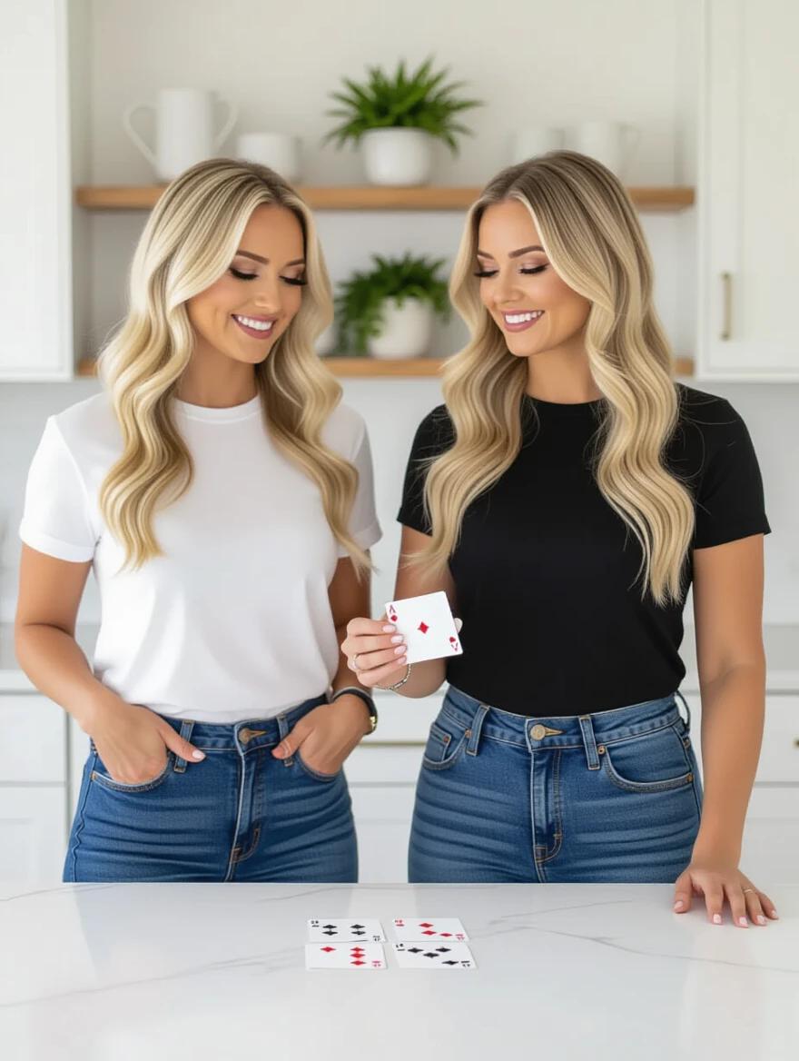 Two identical women in casual attire play rock paper scissors. They stand side by side in a kitchen. One wears a black t-shirt the other a white t-shirt. Both are focused on the game with cards in hand. They have similar long hair and are casual. Natural light fills the space.