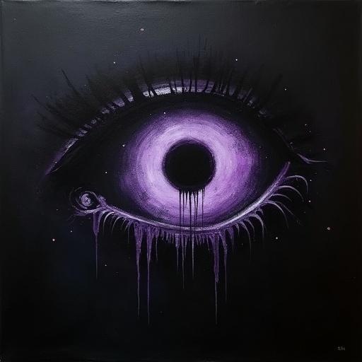 An oil painting shows a giant silhouette of a female eye. A cosmic void resides within the eye. The background is black. The eye has faint violet static resembling a television. Black tears are flowing down. The iris appears as a void. The eye emerges from the top right corner.