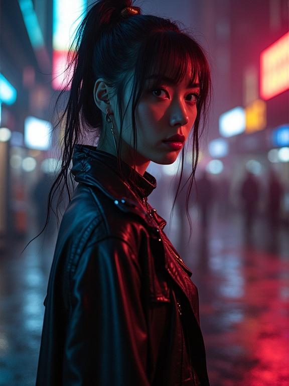 A cyberpunk hacker woman stands in a futuristic urban setting. She has a leather jacket and a confident expression. Neon lights reflect on the wet pavement around her.
