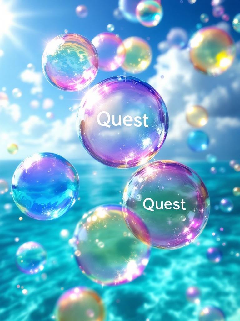 Colorful bubbles float above the Caribbean Sea. Some bubbles contain the word Quest. The bubbles have various sizes and reflect sunlight. The scene is vibrant and lively. The turquoise waters provide a serene backdrop.