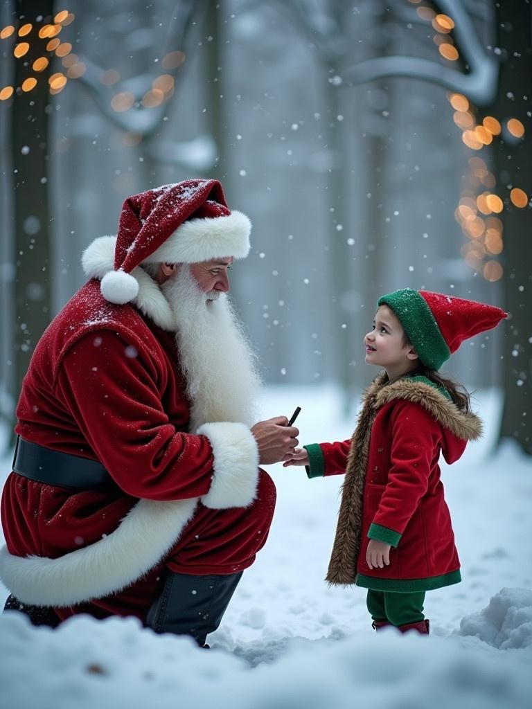 In a snowy woodland area. Santa Claus kneels beside a girl dressed as an elf. They are writing Ticket Sales Staff in the thick snow. Snowflakes fall softly. Trees sparkle with warm lights. The child looks up at Santa with excitement. Red and green outfits create a festive atmosphere.