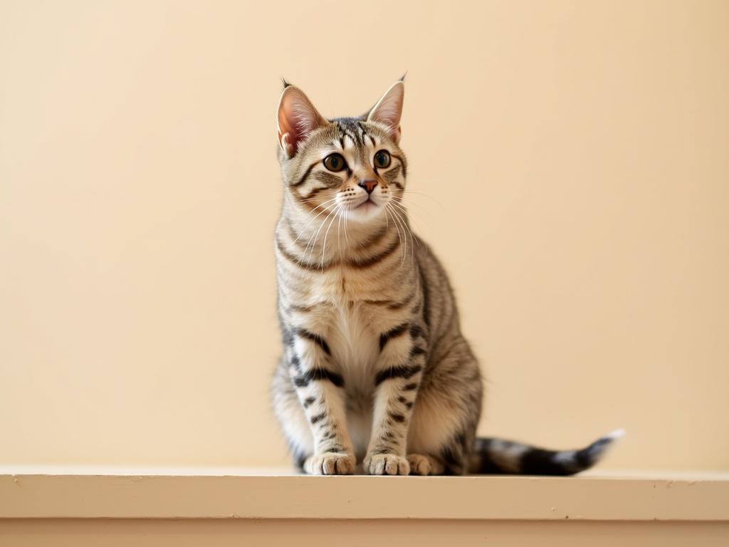 The image features a cat with a light brown, tabby coat characterized by darker stripes. The cat is sitting upright on a ledge, with a focused expression, large round eyes, and erect ears that give it an alert appearance. The background is a soft, light color that complements the cat's fur, creating a warm, neutral setting. The lighting is soft, enhancing the cat's features and making its fur appear smooth.
