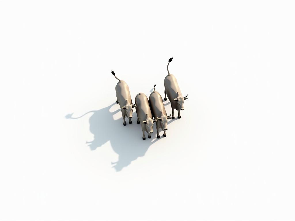 This image features a small group of four cows depicted on a simple white background. The viewer sees the cows from a bird's-eye angle, offering a diagonal view. The cows are designed with realistic details, showcasing their features effectively. Each cow is standing close to one another, while they collectively cast a distinct shadow on the ground. The shadows are sharply defined, extending off towards the bottom right, contrasting against the light background.