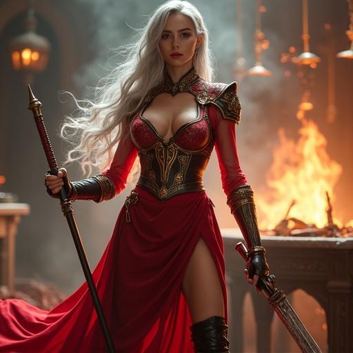 A beautiful mature woman in a fantasy chef outfit. She wears a high-collar jacket with sheer sleeves and a corset chest. A crimson apron with lace underlayer. Tight leggings and armored boots. Fingerless gloves and a magical hat. Long silver hair flows behind her. She poses with a glowing mop like a sword. Magic fire and steam swirl around in a kitchen. She looks calm and commanding.