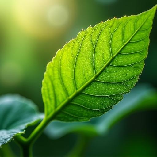 Closeup image captures a vibrant green leaf showcasing veins and texture illuminated by soft sunlight. Leaf highlights the concept of photosynthesis.
