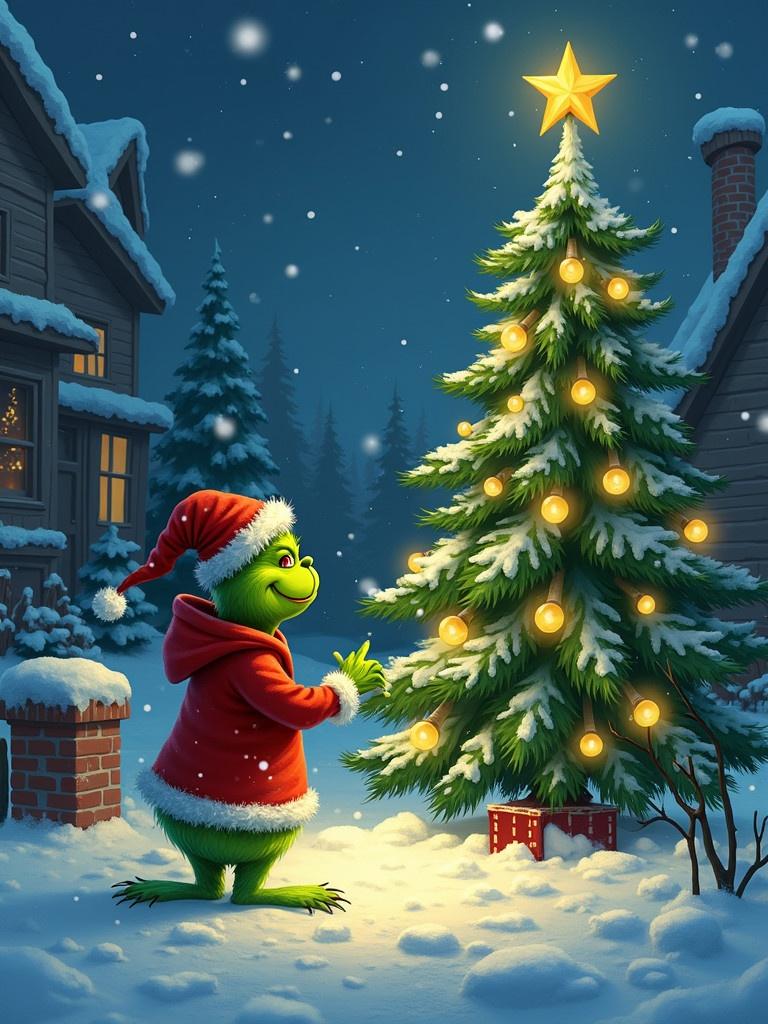 Grinch decorating a Christmas tree in snow at night. Tree has twinkling lights. Grinch is wearing a red Santa hat. Snow covers the ground and cozy houses are in the background.