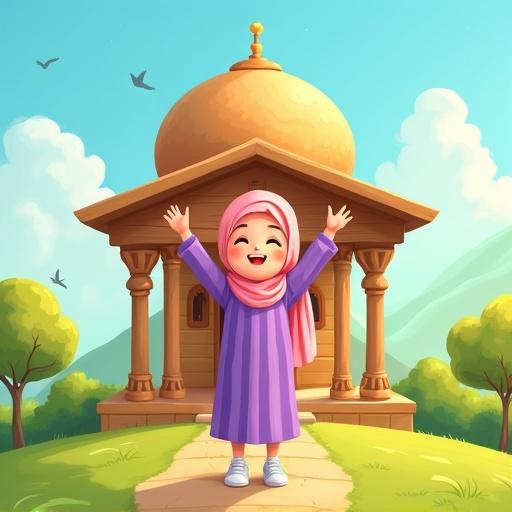 Vibrant cartoon-style illustration for children's book cover featuring a joyful girl in front of an Islamic-themed house. Girl wears a purple dress and pink headscarf, celebrating with arms raised. Background includes green grass, trees, hills, birds, and a blue sky with clouds. Decorative Islamic elements visible. Area left blank for title.
