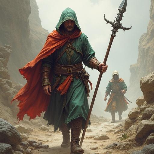A detailed illustration depicting characters from a Dungeons and Dragons campaign. One figure wears an emerald green robe, hooded with a striking crimson cape. The other character is partially visible in muted tones. The first character holds a spear aloft, exuding strength and mystery. The landscape suggests an epic adventure setting with rocks and a mystical atmosphere.