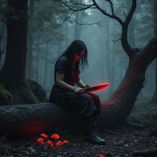 Solitary barbarian heroine sitting on mossy black log in dense dark forest. Trees have twisted black bark and ground is covered in black leaves. Bright red fungi dot the scene. She cleans a large blood-stained knife with focused expression. Wears simple dark tunic and trousers with leather boots. Subtle red glow from something carried. Deep black with striking red accents.