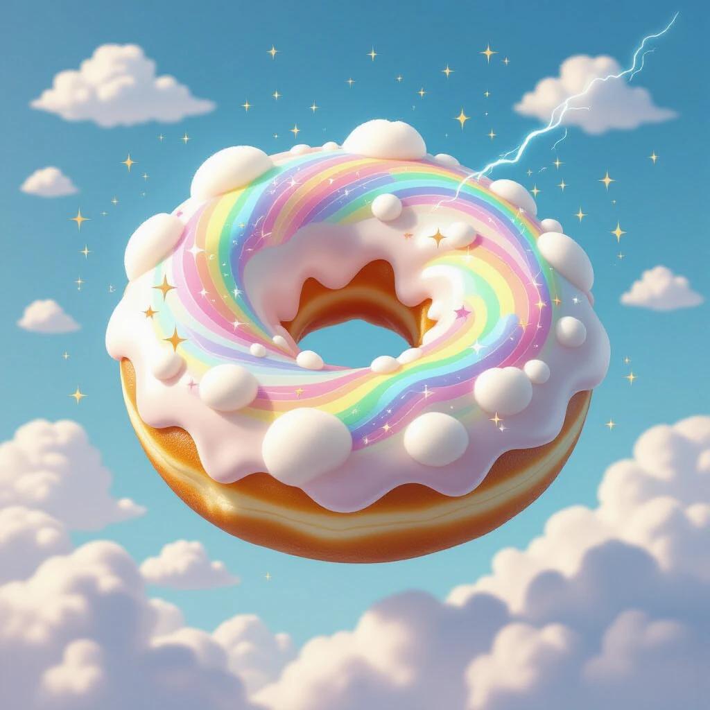 Floating whimsical donut formed from cumulus clouds. Sprinkled with shimmering stars. Filling is vibrant swirling rainbow lightning cream. Rendered in pastel fantasy style with a dreamlike minimalist approach.