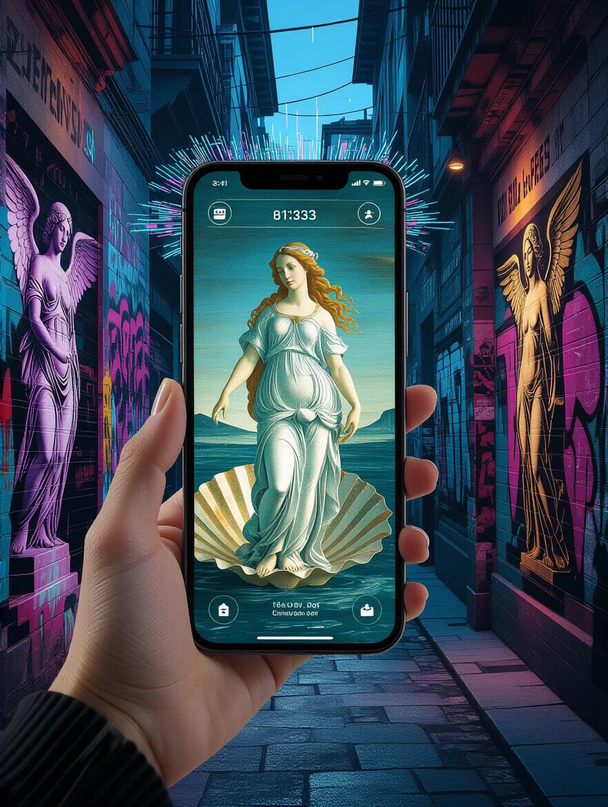 A smartphone displays a hologram of Botticelli's Birth of Venus. A young artist holds the smartphone in a cyberpunk alley. The alley features angels and graffiti artistic masterpieces. Neon glitch effects blend with classical marble textures. The scene captures a classic beauty infused with modern technology.