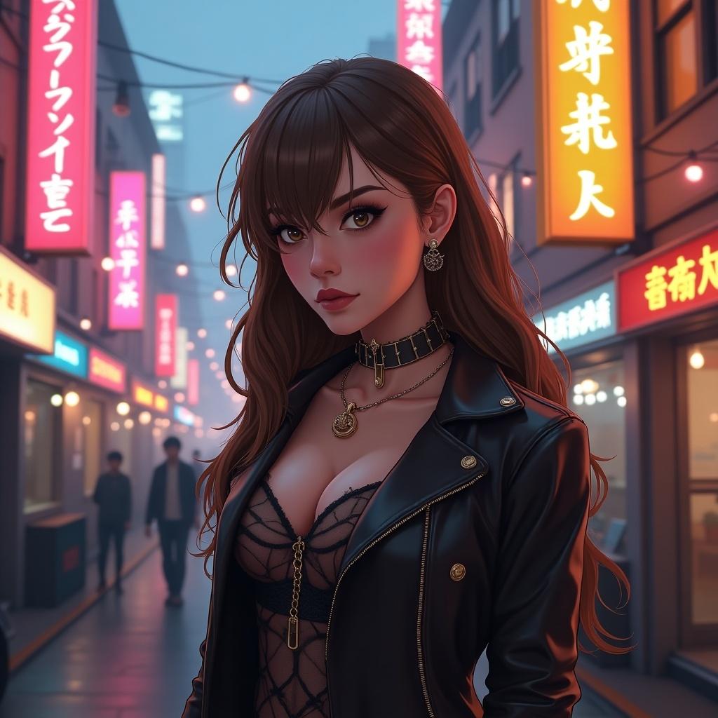 Female character with brown hair in masculine outfit with neon signs in background. Character has sacred ring.