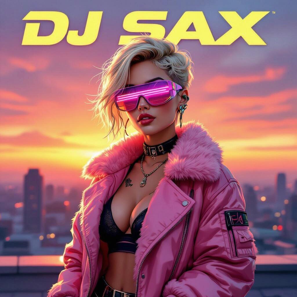 Album cover design depicting sunset scenery with a cyberpunk theme. Features a tattooed, busty blonde woman dressed in a half-open fluffy pink jacket. She stands confidently on a rooftop of a glass penthouse suite, showcasing futuristic sunglasses. The scene is vibrant with colorful sunset tones. The title 'DJ SAX' is prominently displayed.