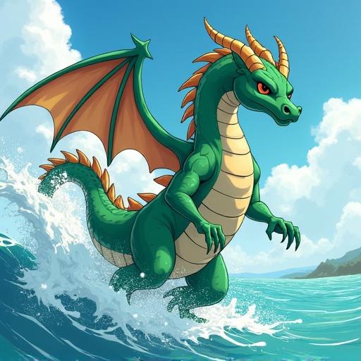 Green dragon flying above a beach in a Japanese anime style