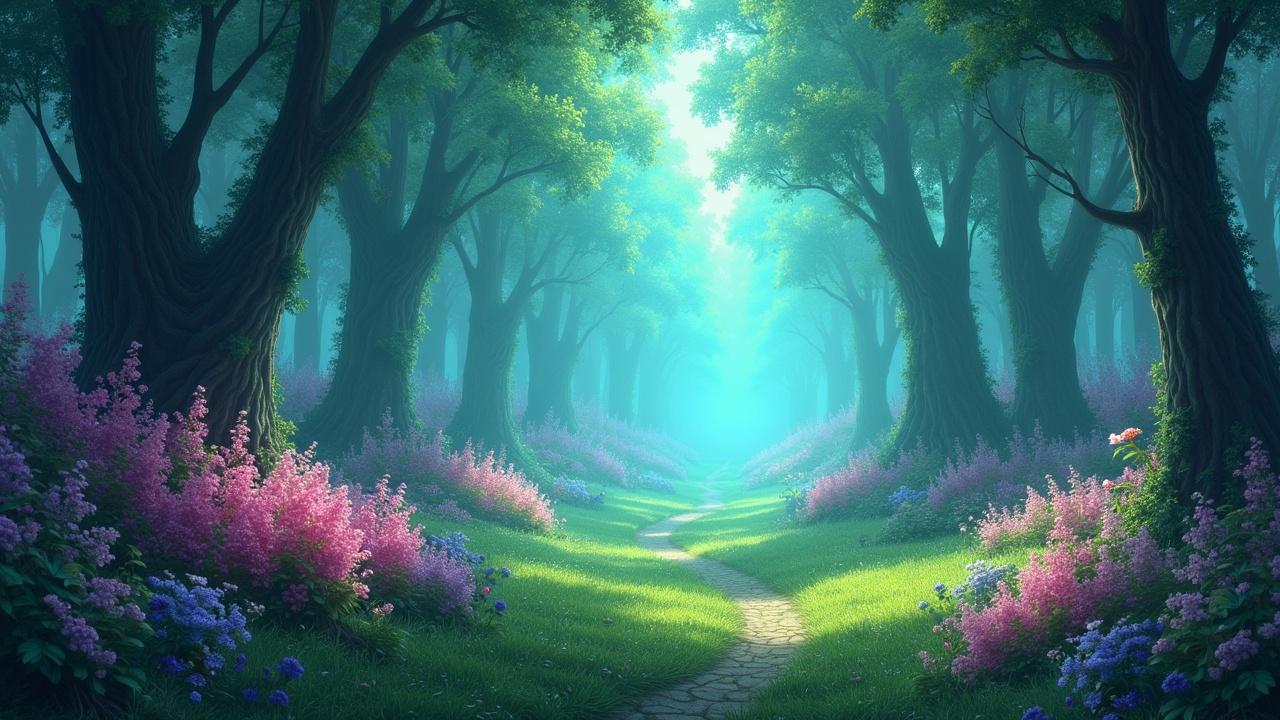 A dreamy, enchanted forest path with lush greenery and colorful flowers lining the path, depicting a serene and mystical atmosphere.