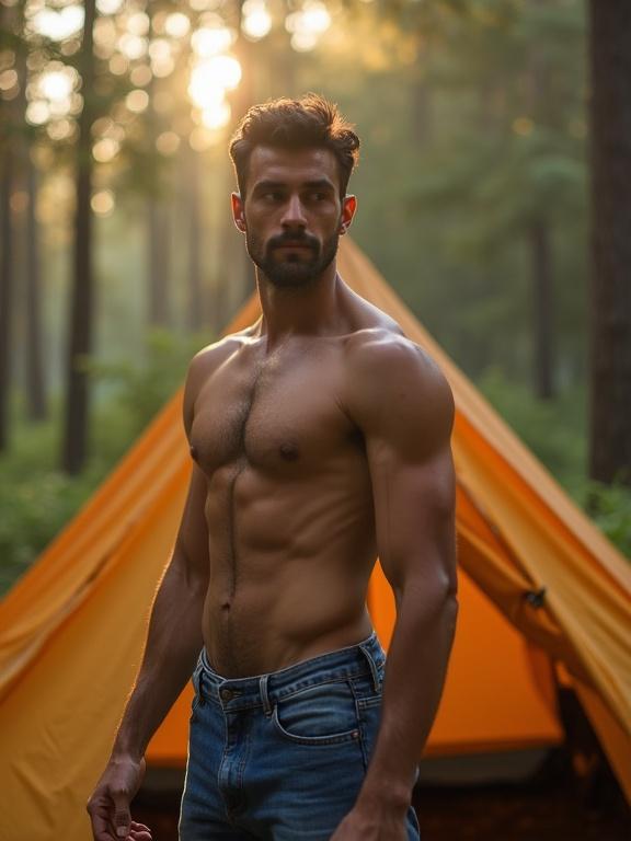 A handsome shirtless man stands outside a tent in a sunlit forest with trees in the background