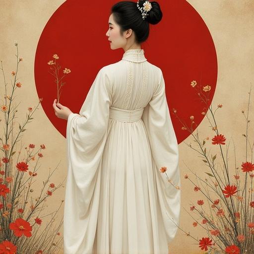 Gustav Klimt inspired image of a beautiful Asian woman. She wears a traditional white outfit representing elegance. The background is a large red circle with flowers. The image highlights cultural elements and fashion.
