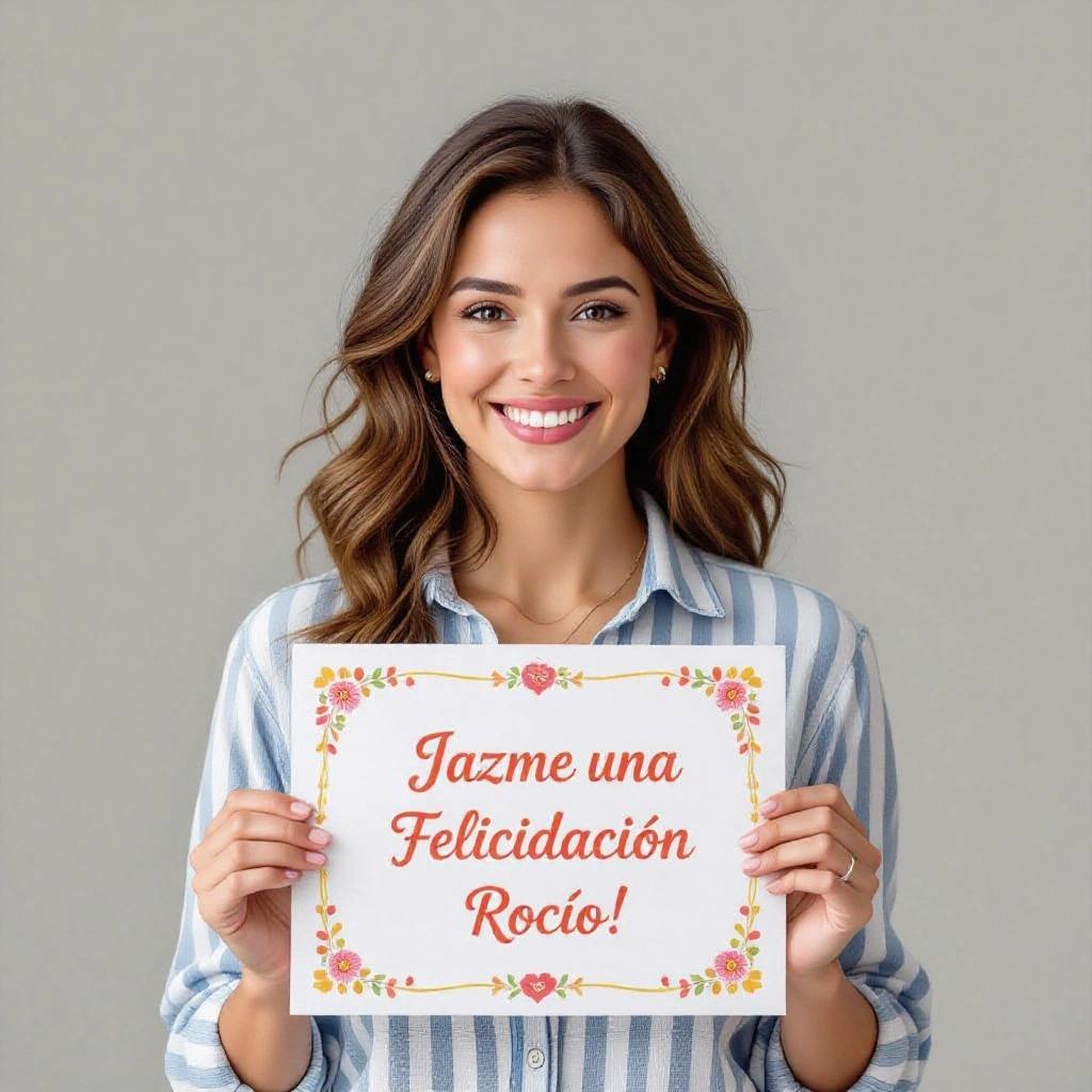 Woman smiling and holding a sign that says Jazme una Felicitación Rocío. She has long hair and is wearing a striped shirt. The background is neutral. The sign is decorated with colorful floral elements.