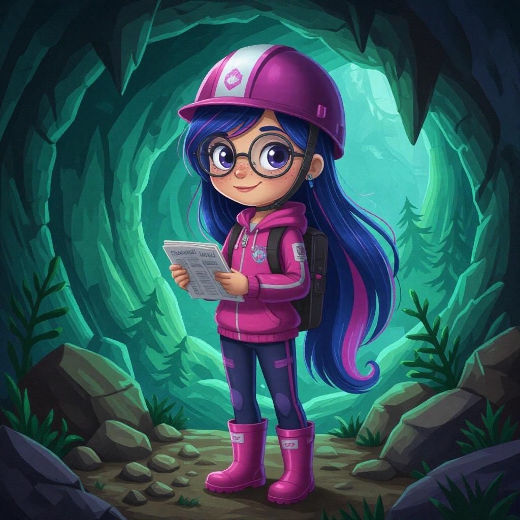 Human girl with glasses and freckles. Navy-blue hair with pink and purple stripe. On a geography field trip in an underground cave collecting rock samples. Wearing a purple safety helmet, pink and purple tracksuit, pink safety wellington boots with purple soles.