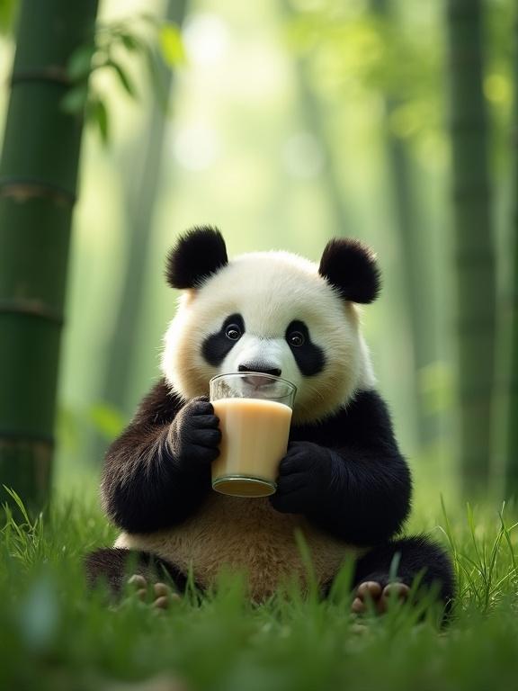 A panda drinking milk tea in a bamboo forest. The panda appears cute while sitting on grass. The atmosphere is serene with a natural green style. The focus is on the plush texture of the panda and the glass of milk tea.