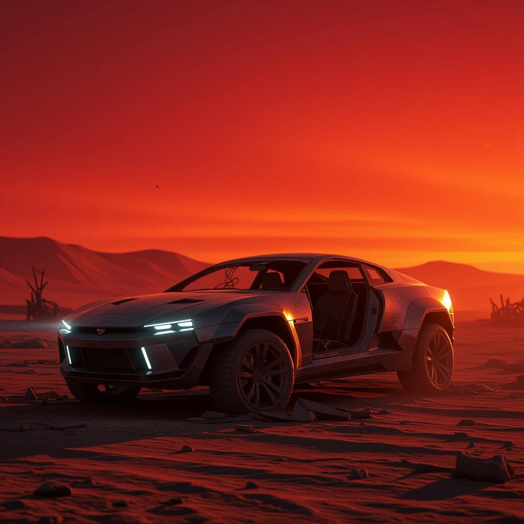A futuristic vehicle wreckage is situated in a desolate wasteland. The scene is under a blood-red sky at sunset. The artistic representation is hyper-realistic and cinematic in style. The details are rendered in high-resolution 8K quality.