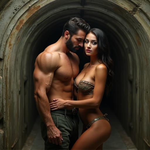 A muscular man and a beautiful woman in a bikini are hugging inside a military bunker. Soft lighting highlights their features. The background is a dark tunnel that adds depth to the image.