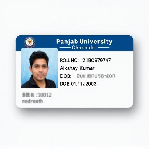 Image of a student ID card from Panjab University. The card features a blue and white design. Contains details such as roll number, name, and date of birth.