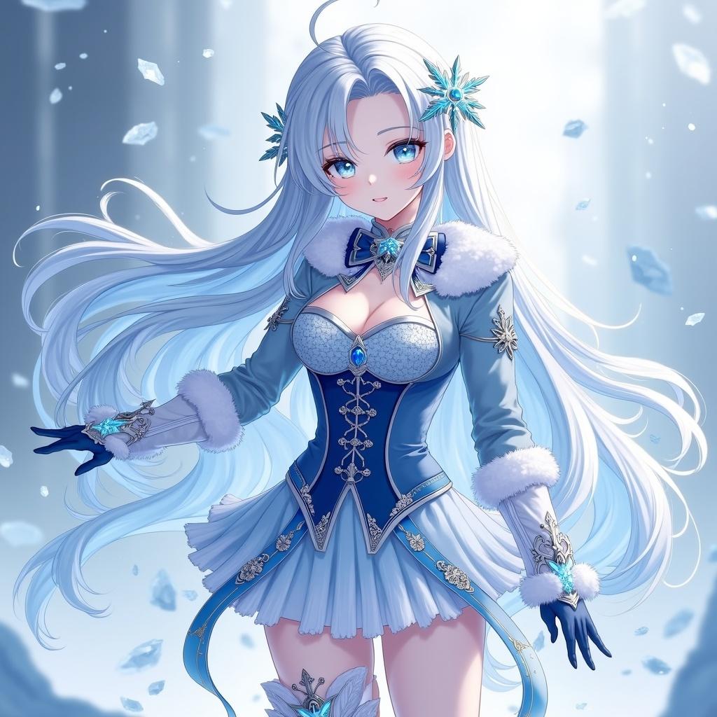 Character design of a tall female from a fantasy game. Features long silver hair with icy blue highlights. Has piercing icy-blue eyes. Wears a blue corset jacket and a short layered skirt. Accessorized with crystal jewelry. Set in a snowy landscape.