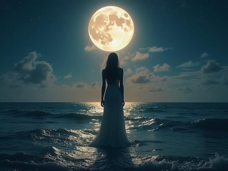 Ethereal scene at night with a woman silhouette standing in ocean waves. Full moon shining bright illuminating the water. Clouds lightly scattered in the sky. Calm and serene atmosphere.