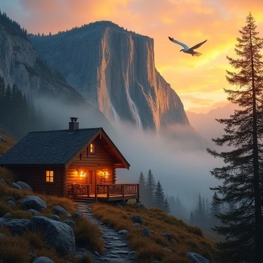 Cozy wooden cabin with glowing lights at sunset. Tall vibrant waterfall cascades from rocky cliff in background. Dense mist fills valley with a white eagle flying gently. Smooth cinematic motion captures scenery.