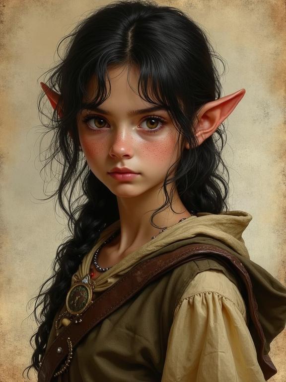 A halfling with hobbit-like features, displaying slanted ears. Character has dark hair and brown eyes. Facial freckles and pale skin. Worn parchment paper background creates an antique look. An adventurous demeanor indicated by the character's attire and expression.