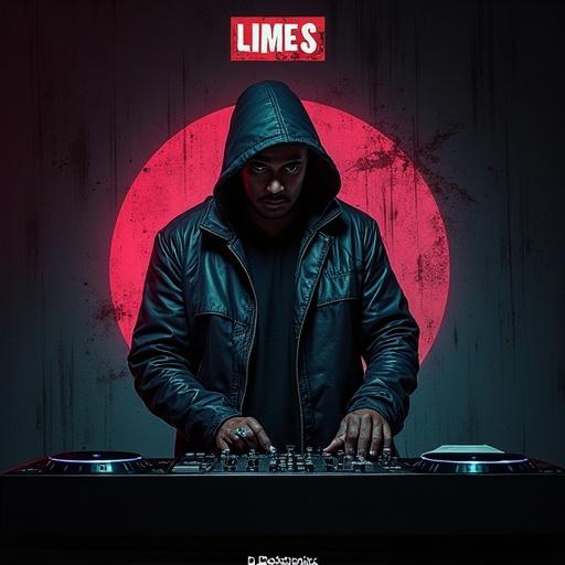 Dark hip hop album cover features a DJ in a black leather jacket. Red circular background enhances the atmosphere. The text Line Em Up DJ Blocktronixx is prominent. Turntables are in focus.