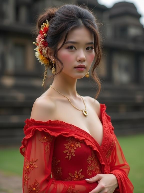 Young Indonesian woman with glowing skin and confident gaze. Dark brown hair in intricate updo decorated with flowers. Wearing a bright red kebaya with deep cut design. Poised pose with bare legs. Background features ancient Prambanan temple. Ultra-realistic photography style.
