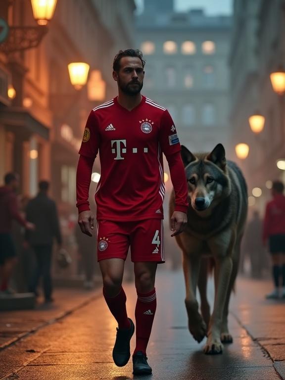 Photo-realistic image of a soccer player in red kit walking down a misty historic street with a large Grey Wolf behind him. Cinematic lighting and high detail in the scene.
