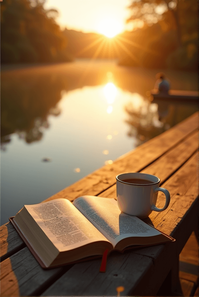 A peaceful scene with an open book and a cup of coffee on a wooden dock by a calm lake during sunrise.