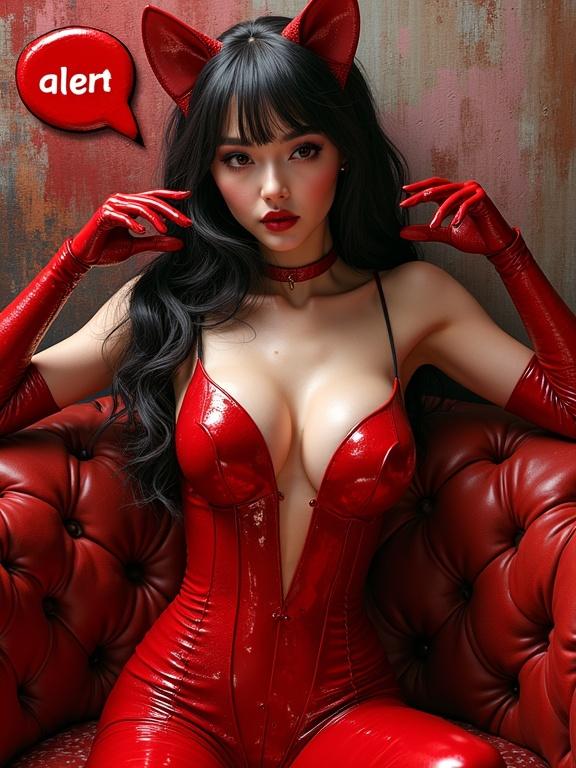 A woman poses in a red v-shaped catsuit in a luxurious setting. The design includes a speech bubble that reads 'Red alert.' The figure showcases thick and textured impasto techniques in the artwork.
